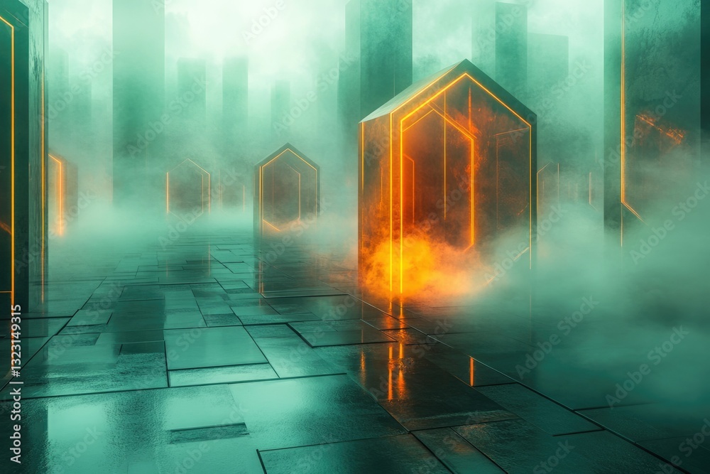 Poster mysterious futuristic city scene with glowing orange geometric structures in a green misty atmospher