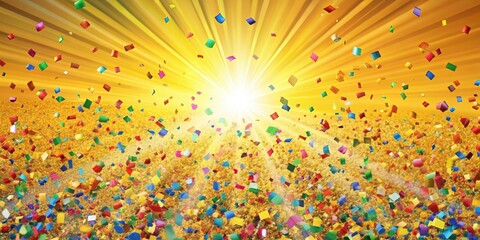 Vibrant colorful confetti scattered on a bright sunny yellow background with rays of sunlight peeking through the edges , yellow background, colorful confetti
