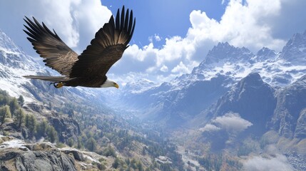 Fototapeta premium An eagle soars majestically above snowy mountain landscapes and valleys