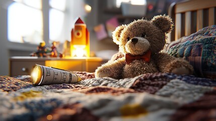 A teddy bear rests on a bed with a toy and flashlight