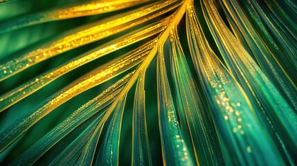 Obraz premium Close-up of Vibrant Green and Golden Tropical Leaf with Water Droplets Reflecting Natural Light