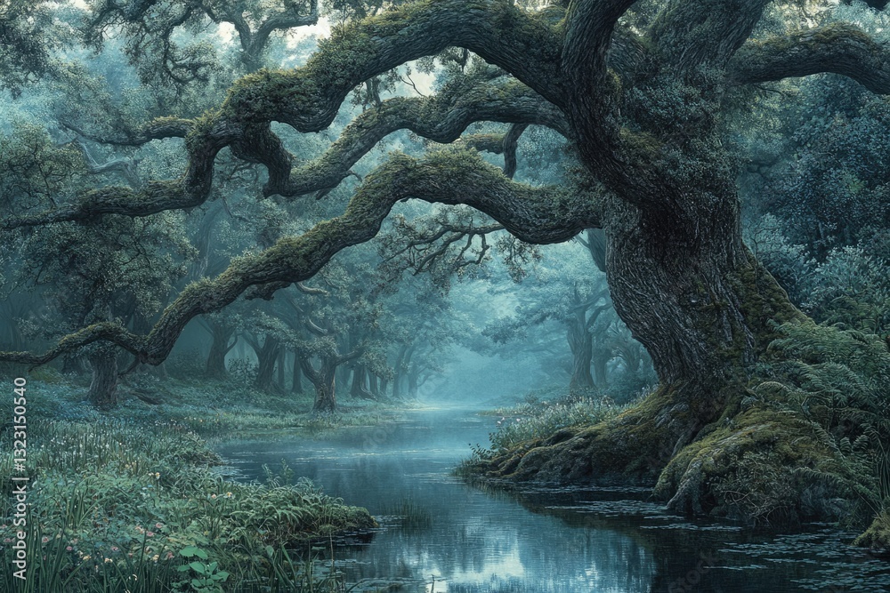 Poster Enchanted forest river scene with moss-covered ancient trees creating a mystical atmosphere.
