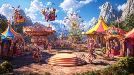 Obraz premium Enchanted Mountaintop Carnival: A Whimsical Fairytale Setting