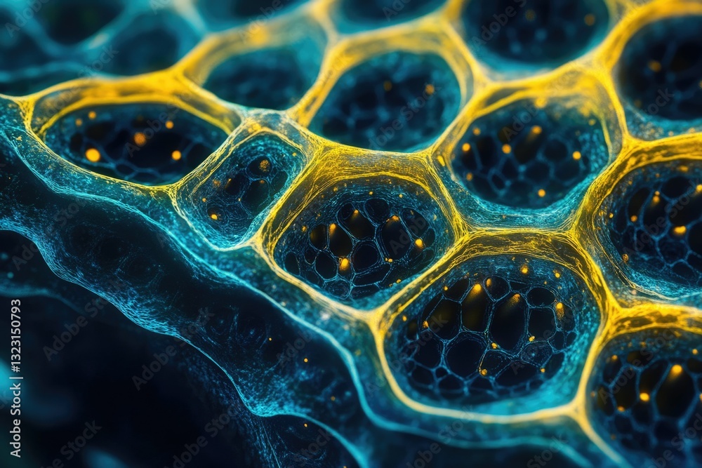 Poster Abstract honeycomb structure with glowing blue and yellow cells, resembling microscopic view of a network.