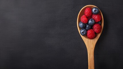 Fresh berries in a wooden spoon on a dark background.