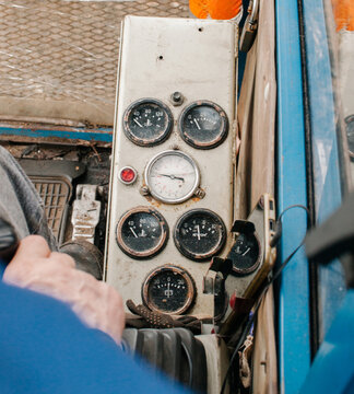 The dashboard in the excavator.