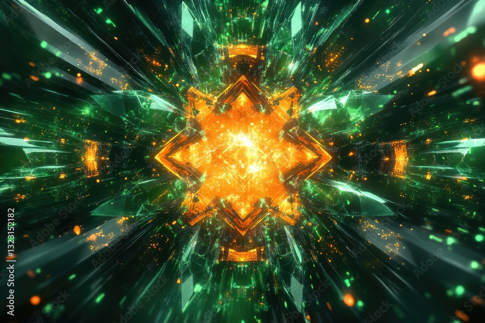Poster Abstract digital art depicting a vibrant, glowing orange and green fractal pattern within a geometric tunnel.