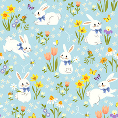Vector seamless pattern of cute Easter Bunnies in blooming spring flowers on blue background.