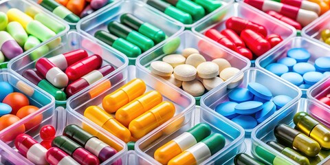 Close-up of prescription medications organized in a pill box, with various colored pills and capsules arranged neatly