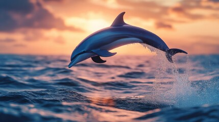 Obraz premium A Dolphin Leaps Gracefully Above Sparkling Ocean Water At Sunset