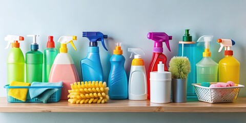 Cleaning products arranged on a shelf in a studio setup, home organization, hygiene