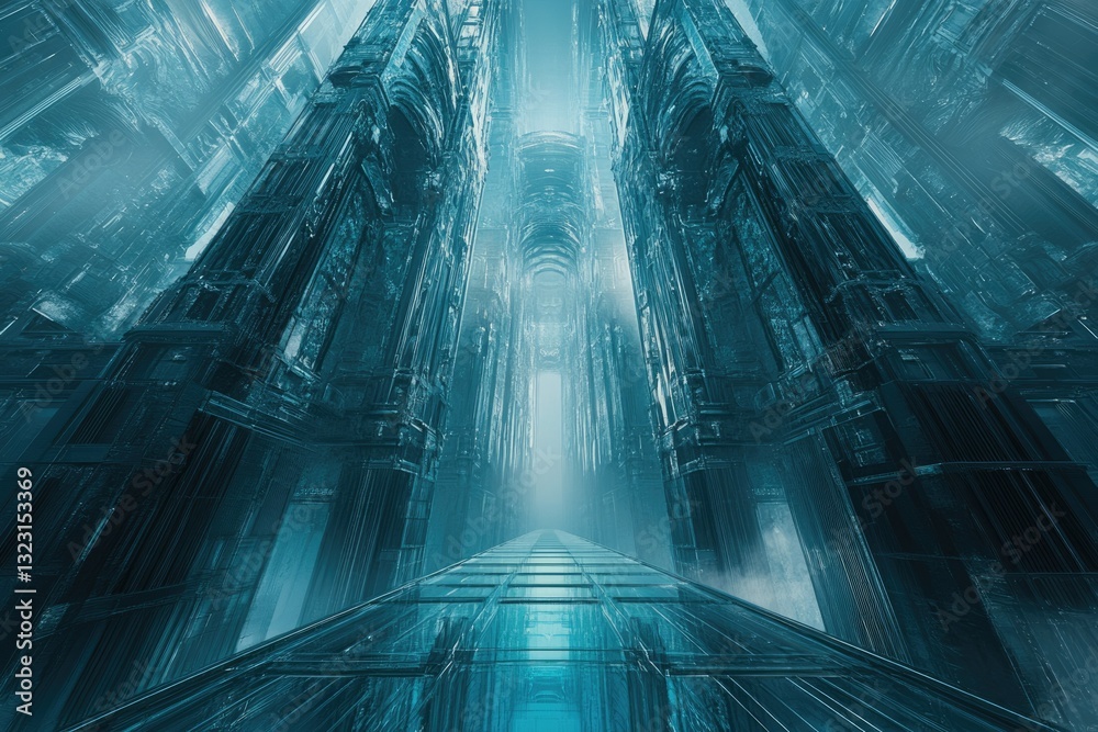 Aufkleber a futuristic, icy cathedral-like structure stretches towards a hazy sky, creating a sense of awe and