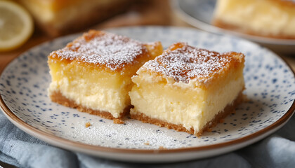 Pieces of delicious homemade lemon cheesecake on plate close up
