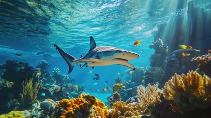 A large shark swims above a vibrant coral reef environment