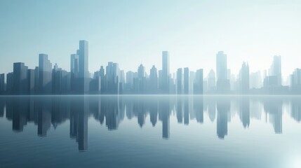 Fototapeta premium Serene City Skyline Reflection in Water During Early Morning with Soft Blue Haze and Light Fog