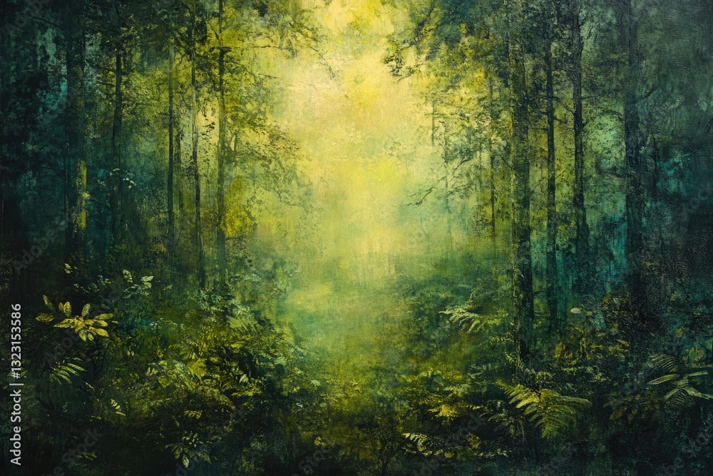 Poster a mystical forest path bathed in ethereal sunlight, creating a serene and enchanting atmosphere.