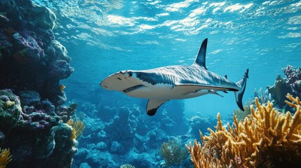 Fototapeta premium A large shark swims near colorful coral underwater freely