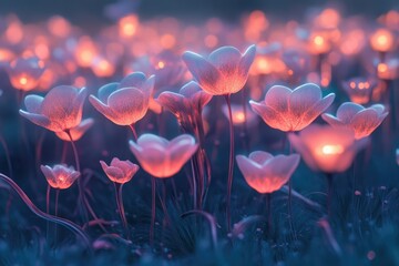 Glowing flowers illuminate a mystical field at twilight, creating a magical and enchanting scene.
