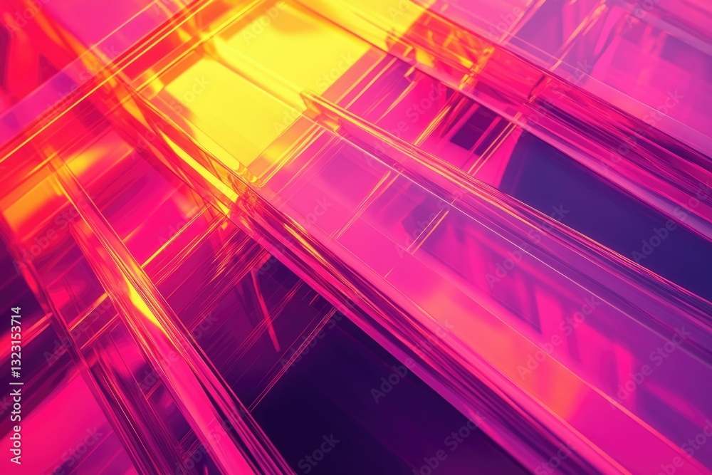 Poster Abstract image of intersecting vibrant pink and yellow glass prisms, creating a dynamic and futuristic visual.