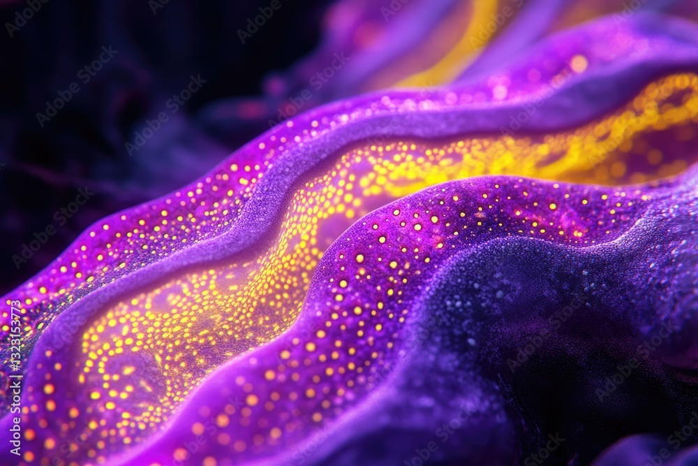 Poster abstract purple and gold textured waves with glowing dots, resembling a microscopic view or cosmic l
