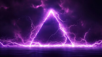 Dramatic purple lightning strike forming a triangle against a dark stormy sky, reflected on a dark surface. Ideal for backgrounds or design projects.