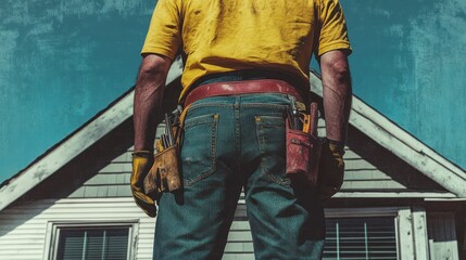 Rear view of a construction worker facing a house.