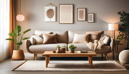 Cozy contemporary living room featuring a mix of warm tones and modern