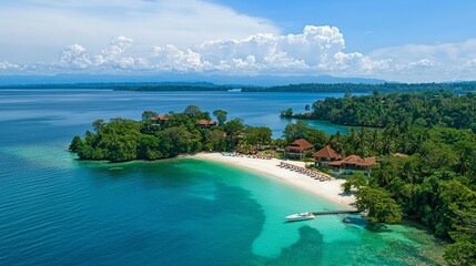 Fototapeta premium A picturesque island with white sandy beaches, lush greenery, and deep blue waters surrounding it. --chaos 20 --ar 16:9 --quality 2 --v 6.1 Job ID: 1c979b15-d935-4de3-891e-3105e6ee419d