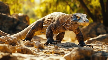 Fototapeta premium A large monitor lizard walks confidently across a rocky terrain