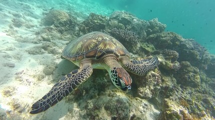 Fototapeta premium A sea turtle swimming gracefully in clear tropical waters, vibrant coral reef in the background. --chaos 20 --ar 16:9 --quality 2 --v 6.1 Job ID: a0326408-ce04-4161-88b8-c7518cca5805