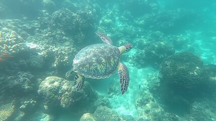Fototapeta premium A sea turtle swimming gracefully in the clear blue ocean, surrounded by colorful coral and tropical fish. --chaos 20 --ar 16:9 --quality 2 --v 6.1 Job ID: 6fc416ba-47e9-4ae7-b035-3cdb35b4982b