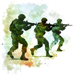 Watercolor Illustration of Three Soldiers in Combat, Running and Firing Rifles.