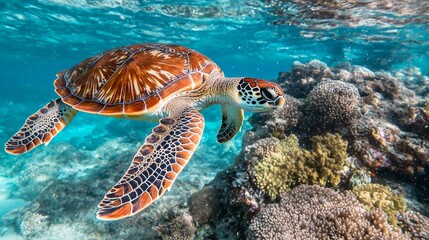 Obraz premium A sea turtle swimming gracefully near the shore, the morning sun casting a soft glow on the water. --chaos 20 --ar 16:9 --quality 2 --v 6.1 Job ID: 0a783a6c-bb67-453f-b5ed-1c84b72bef69