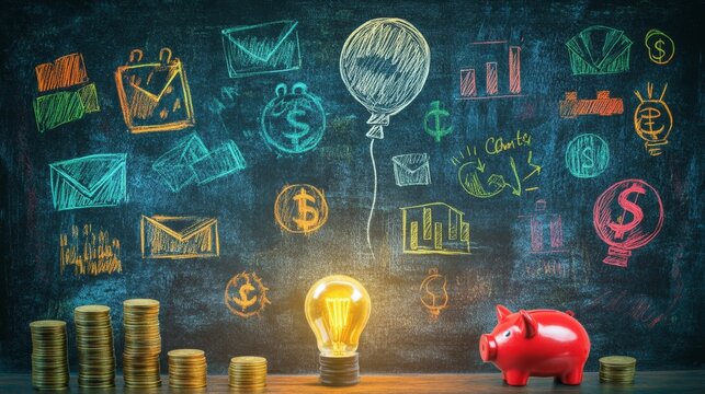 Vibrant Chalkboard Surface with Creative Illustrations and Light Bulb