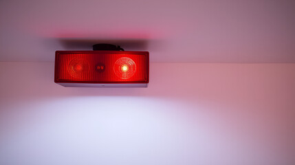 red siren light mounted on a ceiling or wall, symbolizing alertness, danger, or emergency. The empty background highlights the starkness of the signal, evoking urgency and vigilance