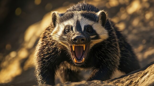 An angry badger with sharp teeth shows its aggression vividly