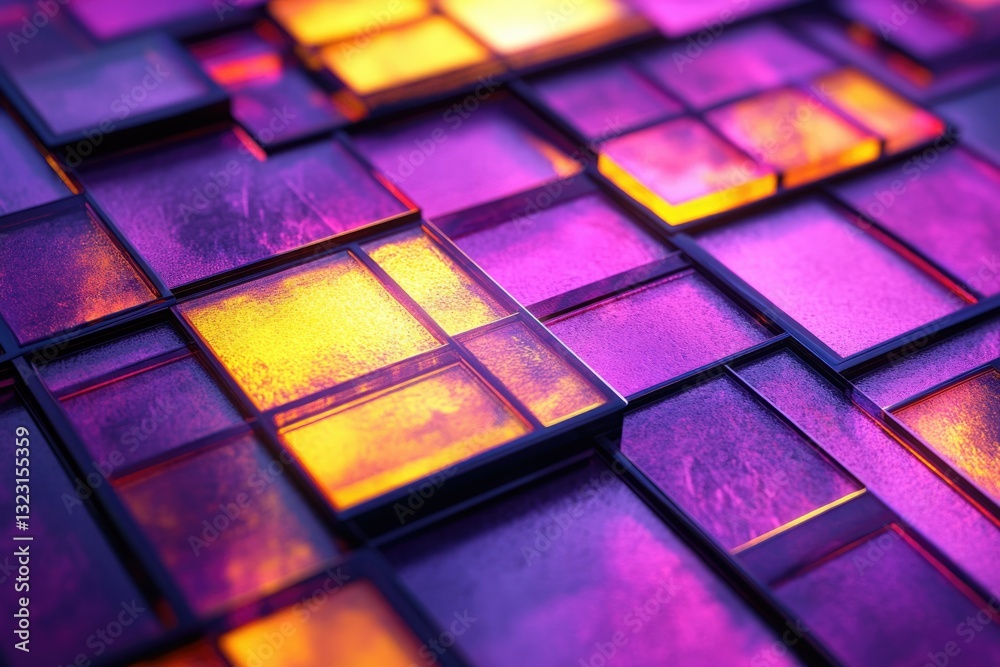 Poster Abstract image of overlapping purple and gold squares, creating a vibrant and textured pattern.