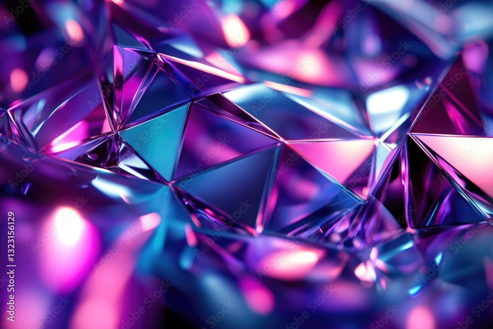 Fototapete Abstract image of vibrant purple and blue metallic triangular shapes creating a dynamic, shimmering, and luxurious visual effect.