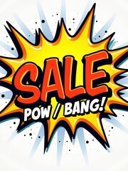 "Vibrant Comic-Style Sale Sign Illustration with Bold Typography and Explosive Action Elements"
