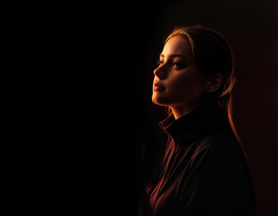 One woman in a dark space receiving light