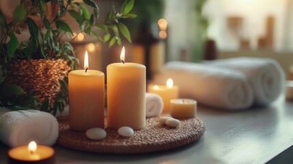 Relaxing Spa Scene with Candles, Towels, and Decorative Elements for Tranquil Ambience and Wellness Retreat