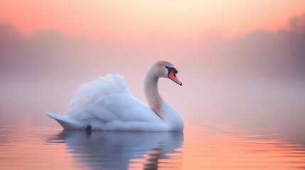 Obraz premium A beautiful white swan floats gracefully across a serene water surface