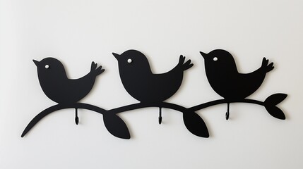 Whimsical metal sticker of three adorable birds with towel hooks integrated as their tails, minimalist and modern kitchen wall decor.