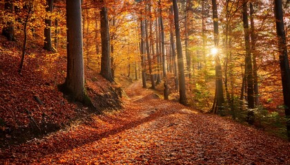 Fototapeta premium laubbedeckter wanderweg durch einen wald im herbst
