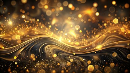 Abstract gold bokeh with black gradient background, featuring swirling patterns and metallic textures, creating a sense of depth and visual interest, mysterious, bokeh