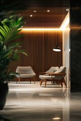 Fototapeta premium Serene office lobby showcasing modern design, inviting atmosphere, and professional ambiance for corporate sectors.