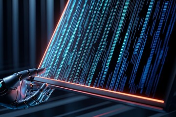 Fototapeta premium A conceptual AI and machine learning visualization with a humanoid robot hand supporting a dynamic, neon-lit AI hologram