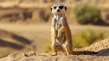 Fototapeta premium A standing meerkat with adorable eyes surveying the landscape carefully
