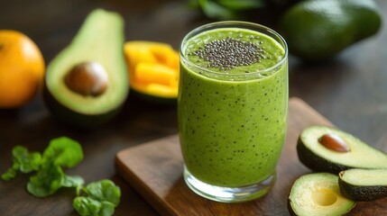 Fototapeta premium Fresh Green Smoothie with Avocado, Chia Seeds, and Fruits on Wooden Table Surrounded by Healthy Ingredients