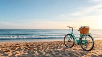 Obraz premium Beach bicycle sunset ride, ocean background, summer vacation